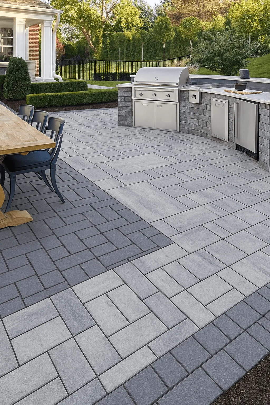 Paver patio with built-in outdoor kitchen, grill station, and dining table